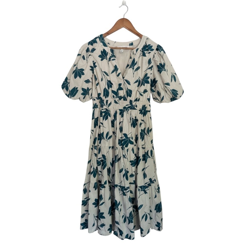 Harlow & Rose‎ Green Floral Leaf Print Puff Sleeve Tiered Midi Dress Womens M